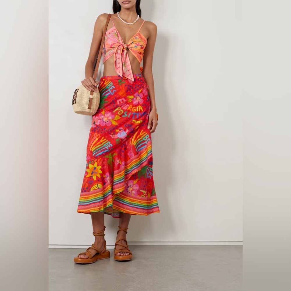 Farm Rio Red Good Vibes Wrap Skirt XS Tropical Rainbow Swiss Dot Orange